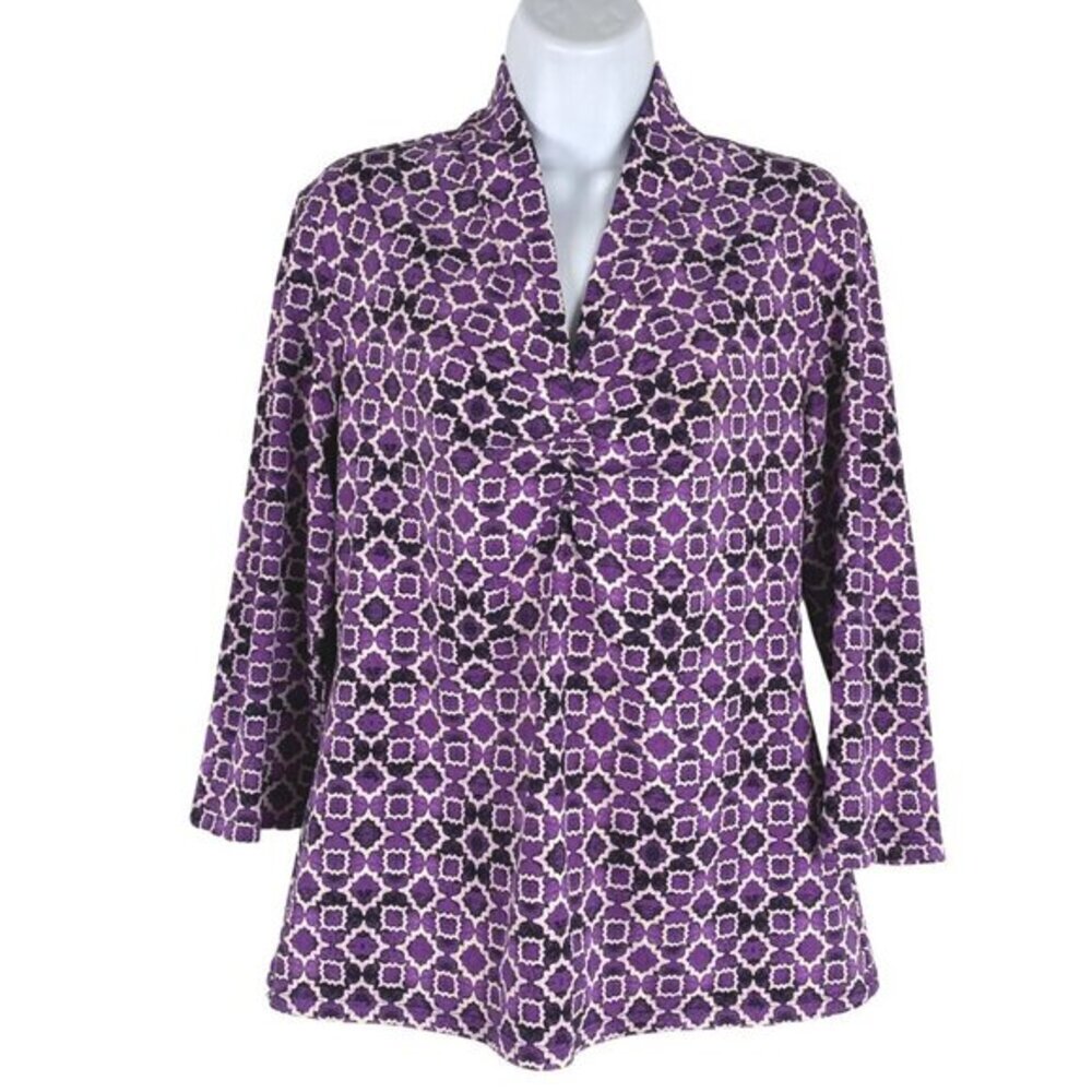 J. McLaughlin Top Medium Catalina Cloth Printed Purple V-Neck Ruched TP-2558